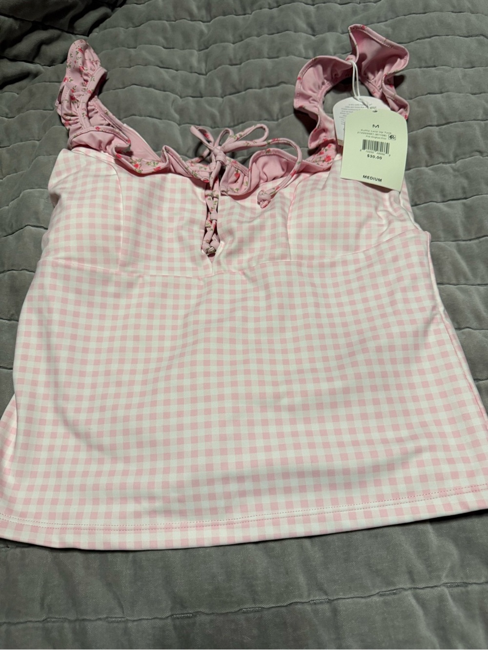 Blogilates Pink Ruffle Lace up Tank Top - XS, Medium